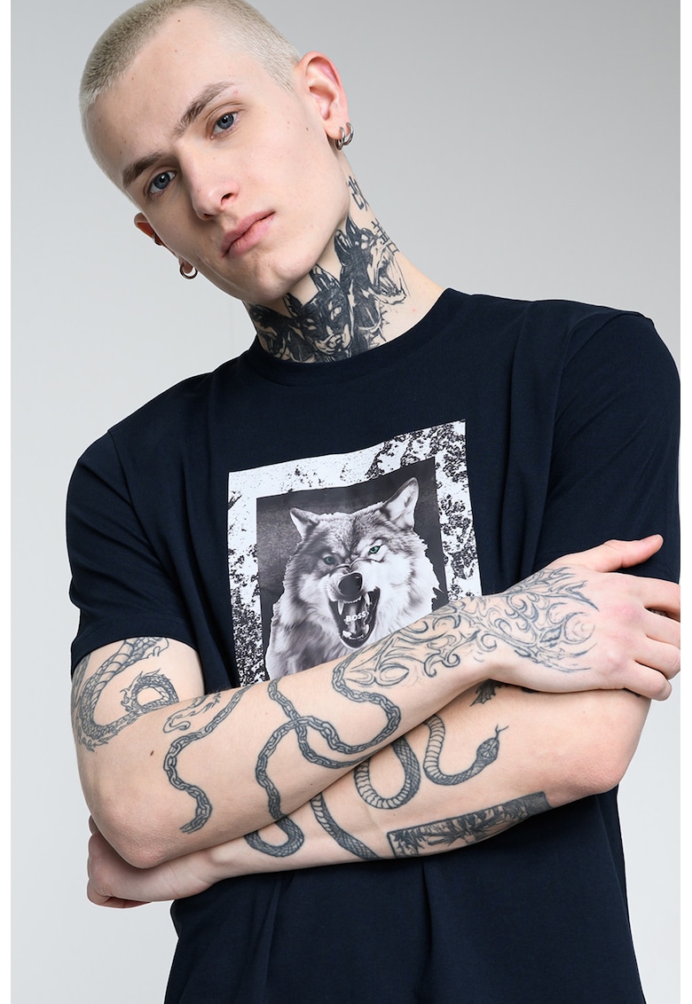 Tricou cu decolteu la baza gatului si imprimeu foto - Alb/Gri/Bleumarin