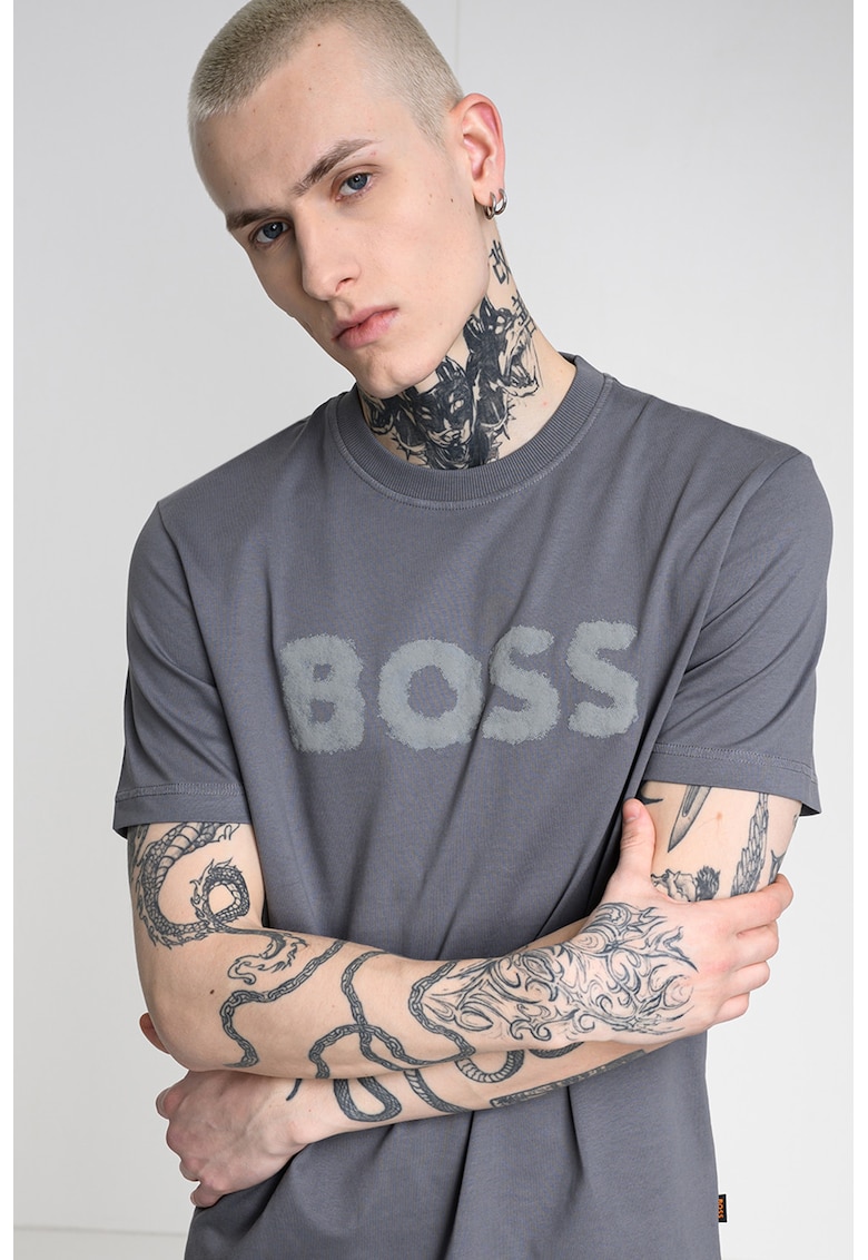 Tricou cu decolteu la baza gatului si logo - Gri inchis