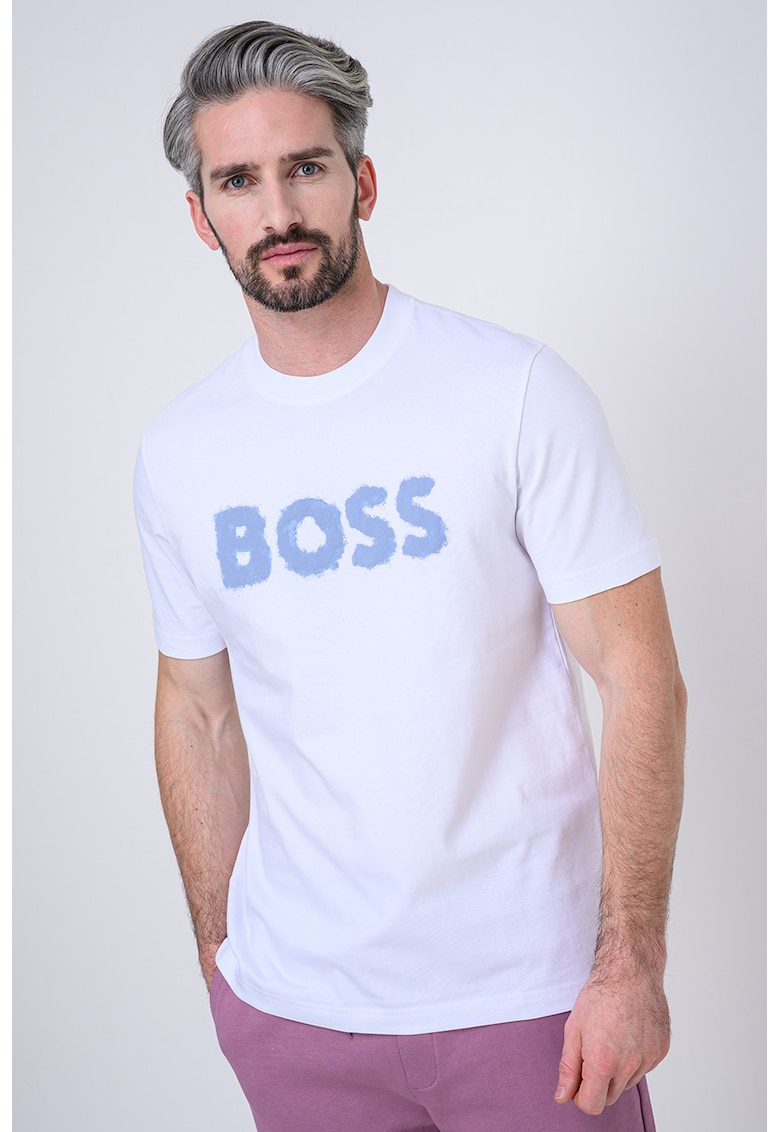 Tricou cu decolteu la baza gatului si logo - Albastru prafuit