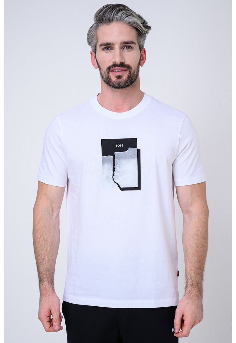 Tricou cu decolteu la baza gatului si imprimeu frontal - Alb optic/Negru