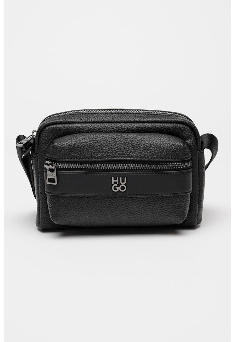 Geanta de piele ecologica cu bareta de umar si logo - Negru