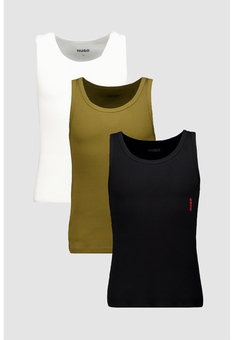 Top de bumbac - 3 piese - Alb/Negru/Kaki inchis