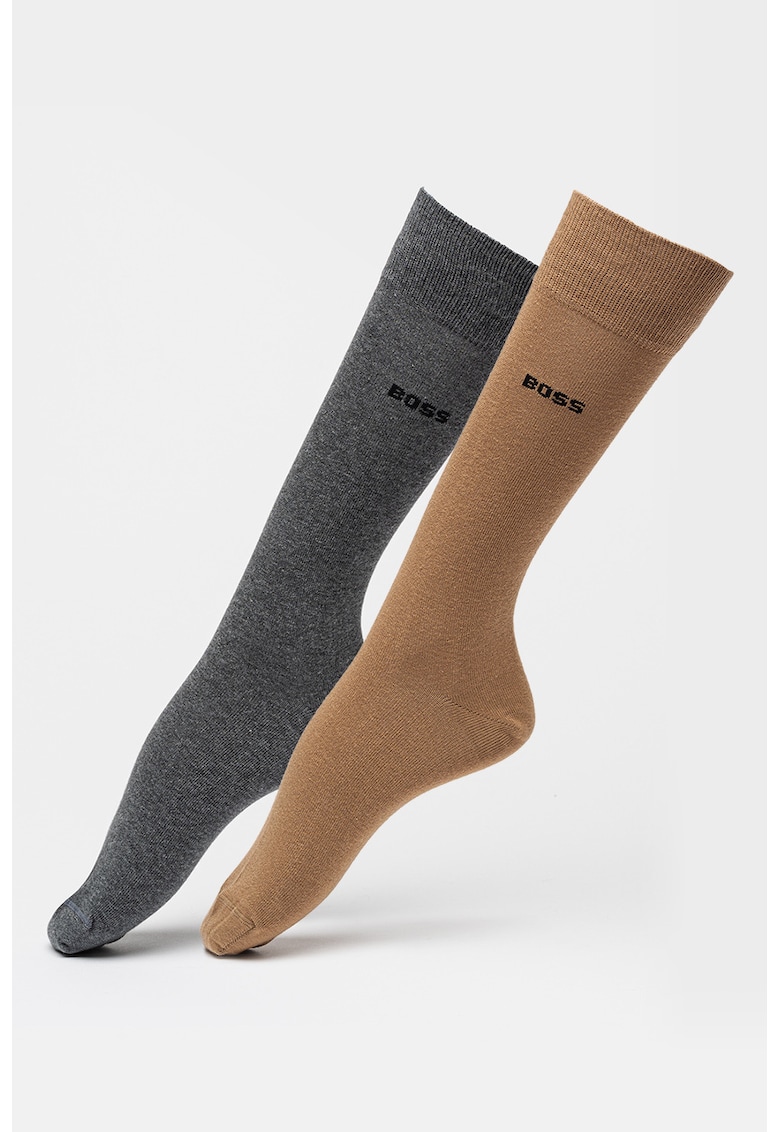 Sosete lungi cu logo - 2 perechi - Gri melange/Maro camel