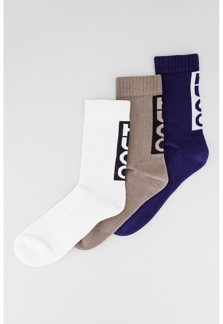 Set de sosete lungi cu logo - 3 perechi - Alb/Kaki/Bleumarin