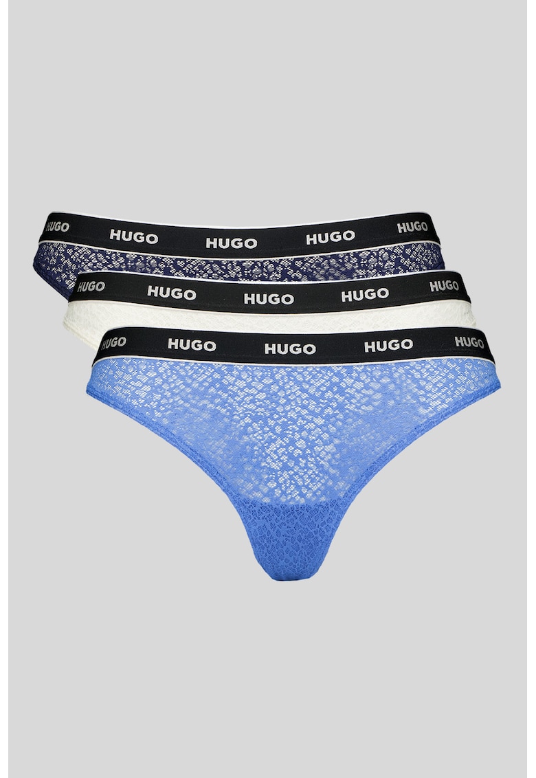 Set de chiloti tanga din dantela cu banda logo in talie - 3 perechi Set de chiloti tanga din dantela cu banda logo in talie - 3 perechi
