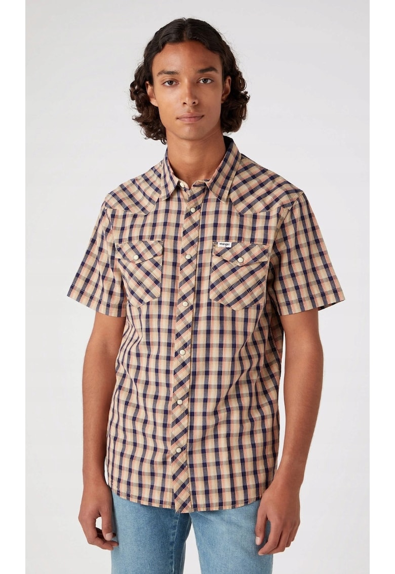 Camasa barbati - SS Western - croiala regulata - carouri bej - bleumarin si rosu - bumbac -