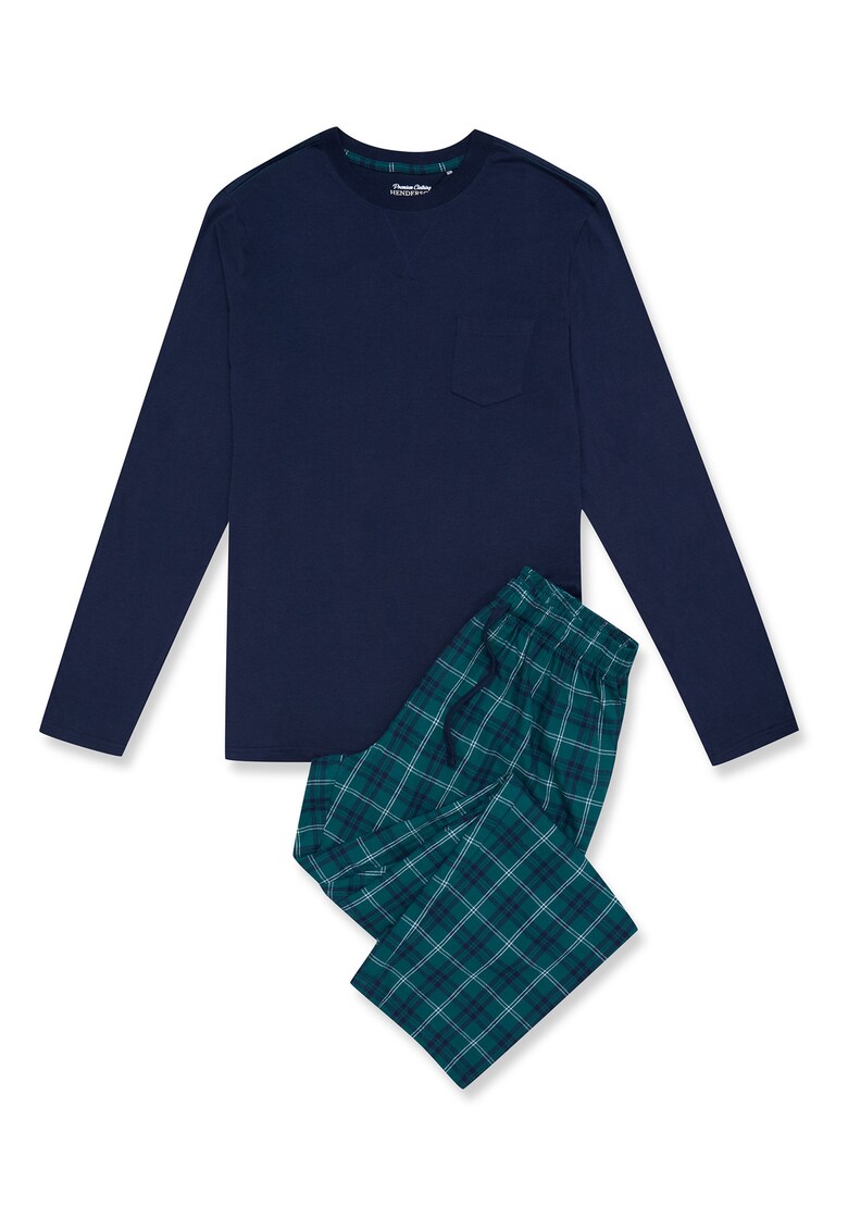 Pijama barbati set bluza maneca lunga albastru marin si pantaloni lungi carouri - bumbac -