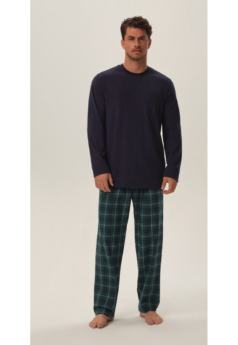 Pijama barbati set bluza maneca lunga albastru marin si pantaloni lungi carouri - bumbac 100%