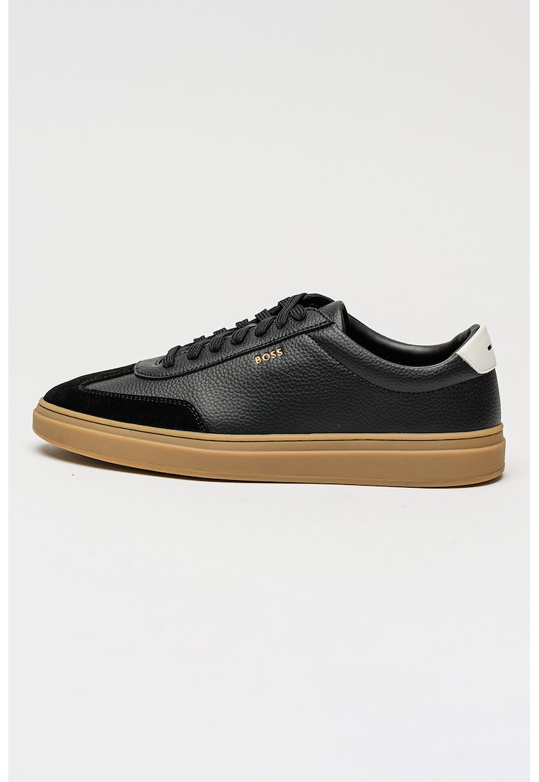 Pantofi sport de piele granulata cu banda contrastanta - Negru/Gri antracit
