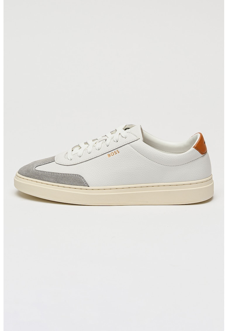 Pantofi sport de piele granulata cu banda contrastanta - Alb/Gri