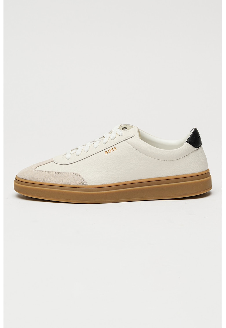 Pantofi sport de piele granulata cu banda contrastanta - Alb/Gri deschis