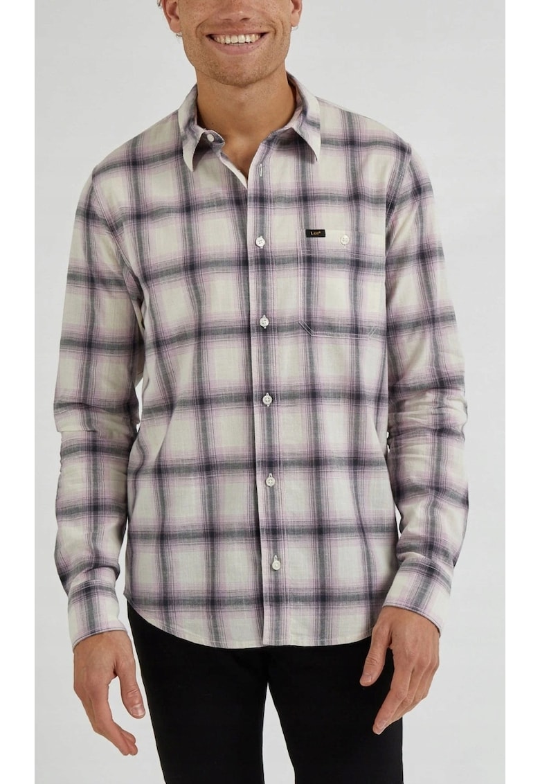 Camasa Leesure Regular Fit - carouri alb - mov si gri - 100% bumbac - set cu detalii de logo -