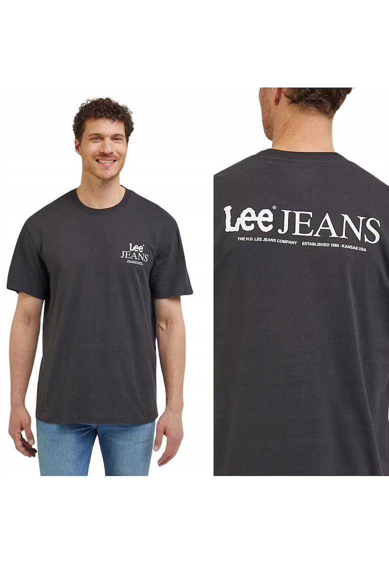 Tricou barbati - cu logo - croiala lejera - negru spalat - bumbac -