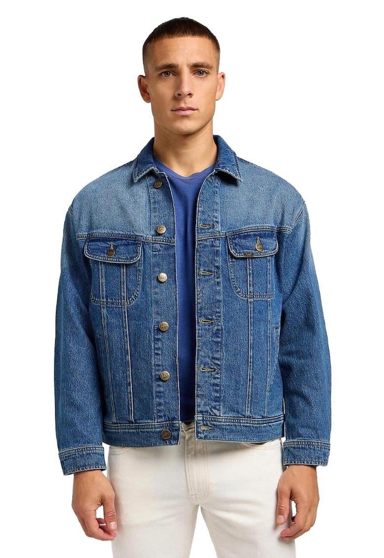 Jacheta denim albastru - croiala lejera - doua buzunare - pentru barbati - bumbac/elastan -