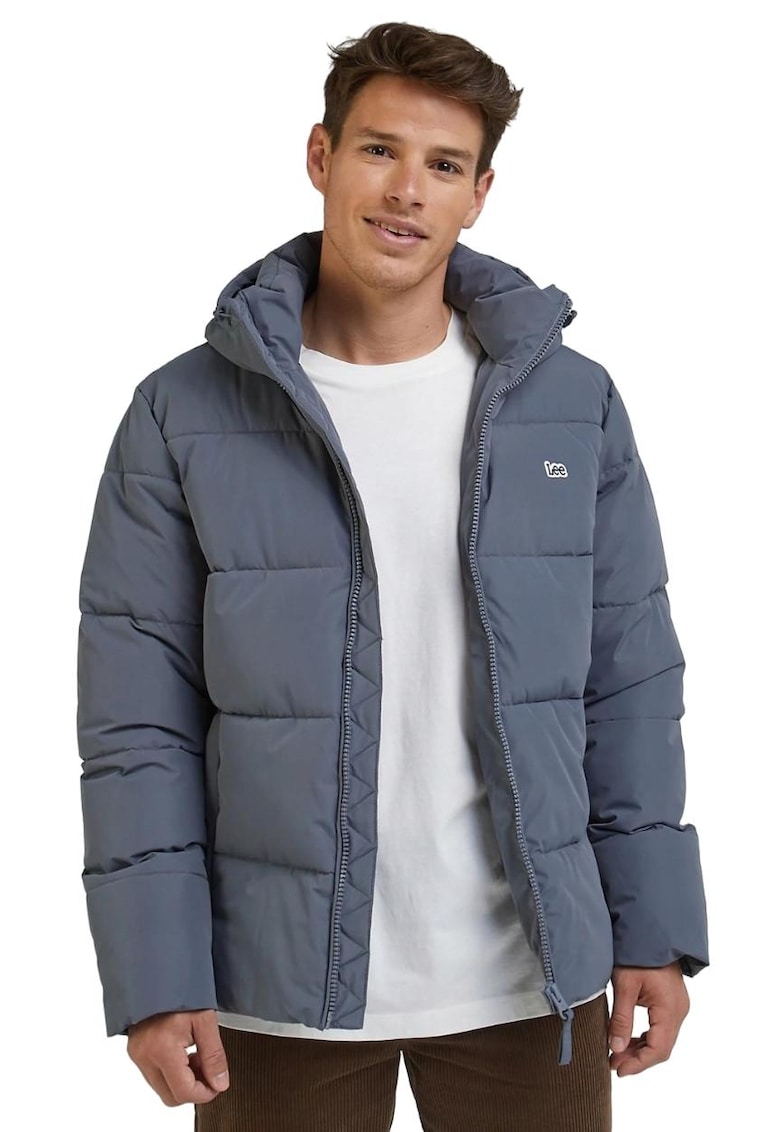 Jacheta puffer gri deschis - cu gluga - maneci elastice - cu 2 buzunare cu fermoar - poliester -