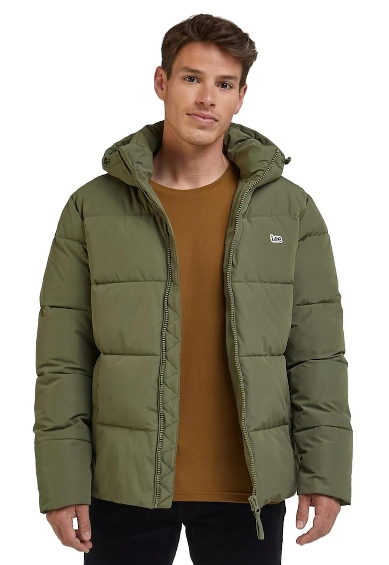 Jacheta puffer verde masliniu - poliester - cu gluga - doua buzunare cu fermoar -