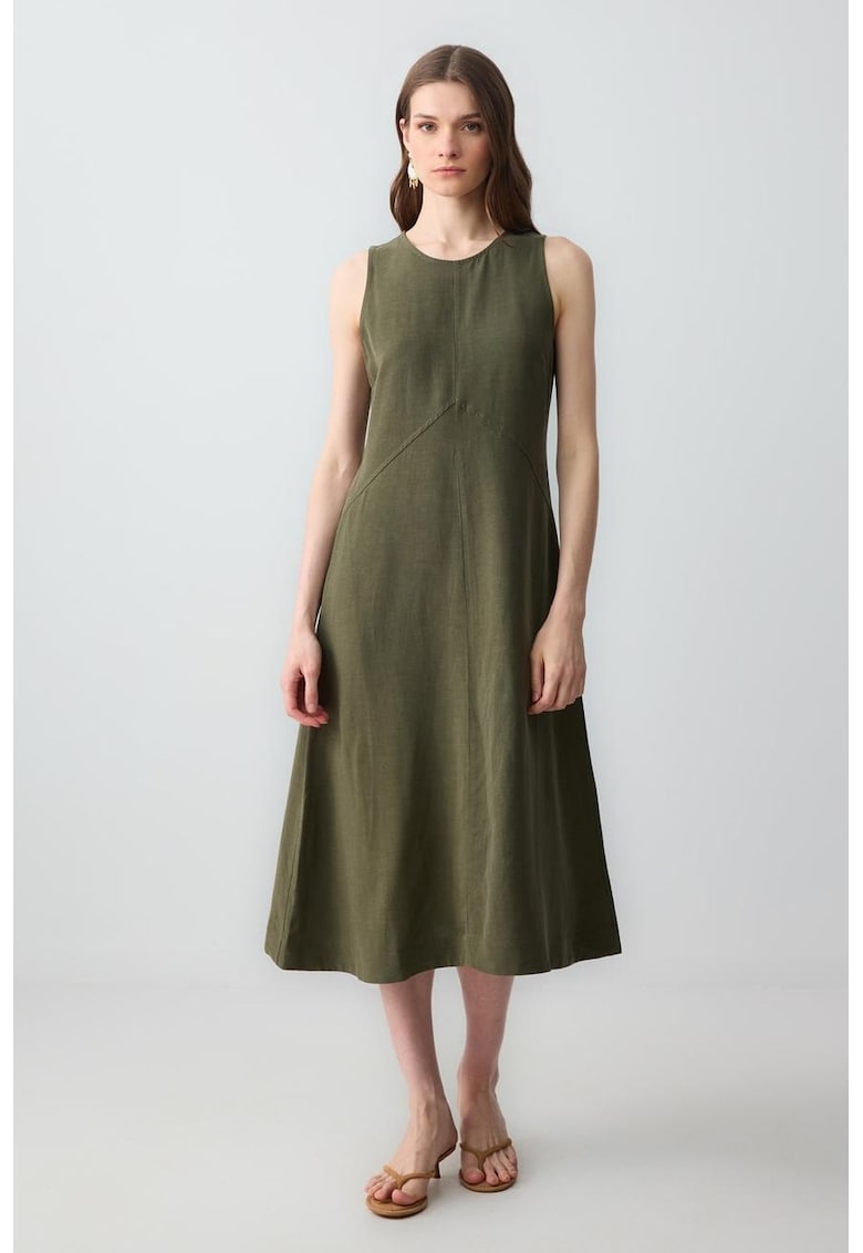Rochie midi din amestec de in - Kaki inchis