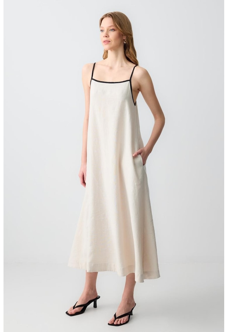Rochie midi de in - Negru/Alb murdar