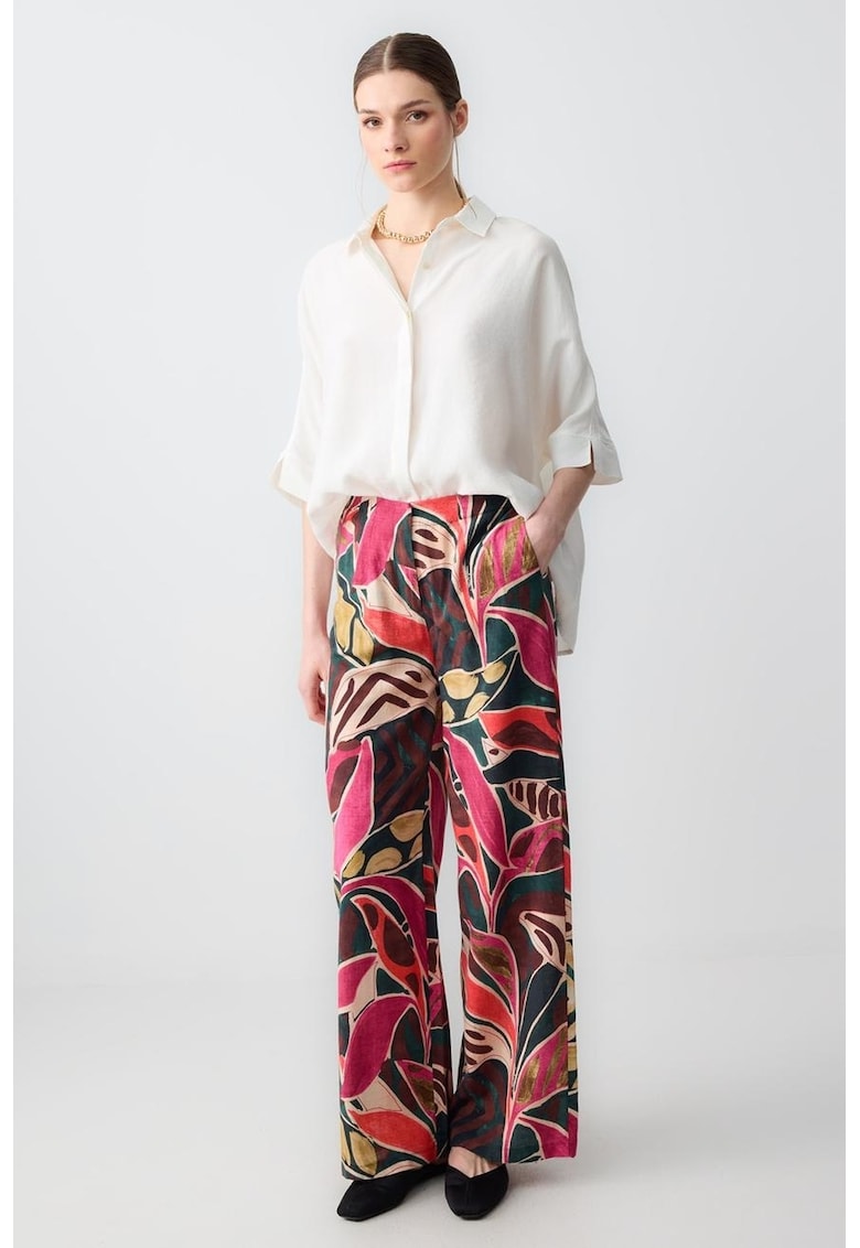Pantaloni din amestec de in cu imprimeu grafic - Multicolor