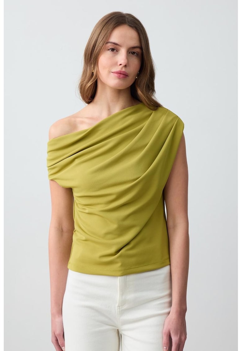 Bluza cu decolteu pe un umar si model drapat - Verde lime