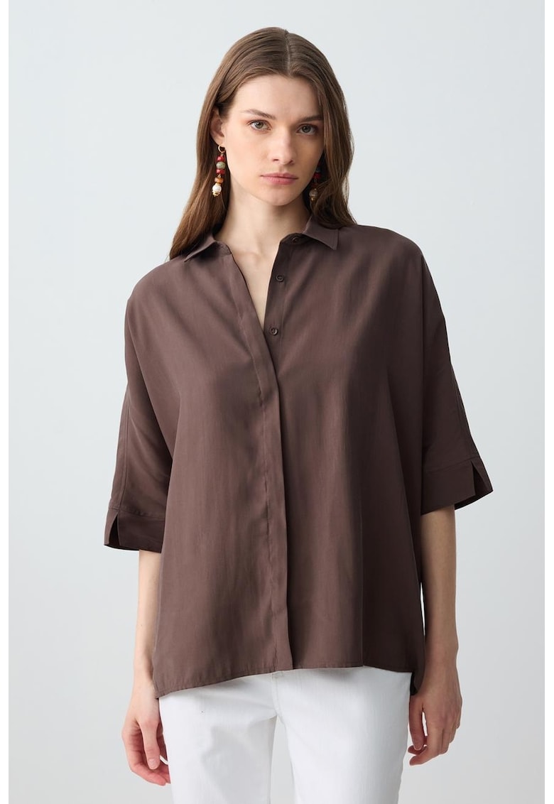 Camasa din amestec de modal cu maneci cazute - Maro inchis
