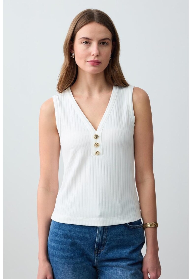 Top striat cu decolteu in V - Alb