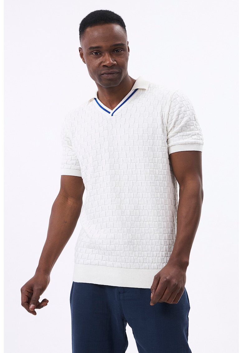 Tricou polo din amestec de bumbac - Albastru inchis/Alb murdar