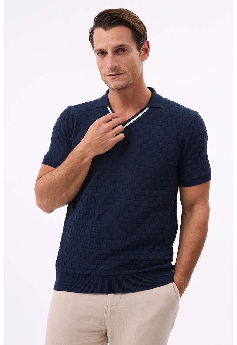 Tricou polo din amestec de bumbac - Alb optic/Bleumarin