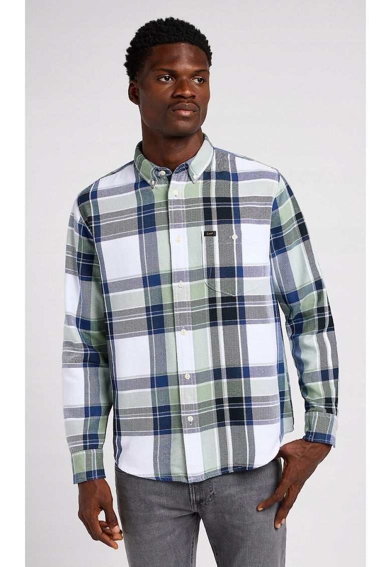 Camasa barbati model Riveted - croiala lejera - carouri alb - bleumarin si verde fistic - bumbac organic