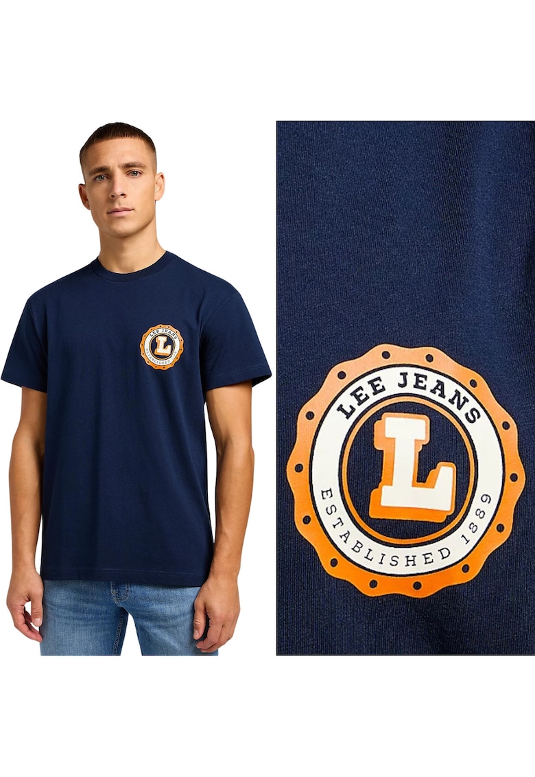 Tricou Varsity Relaxed - bumbac - bleumarin cu imprimeu logo portocaliu si alb -