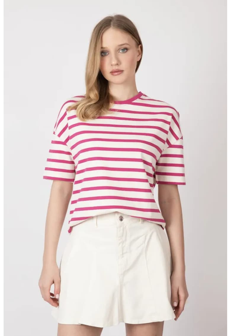 Tricou dama -  cu decolteu rotund si dungi - jerseu - alb/roz