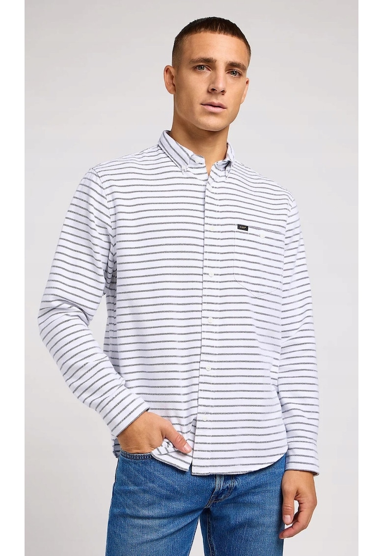 Camasa model cu nituri - croiala lejera - alb cu dungi negre - bumbac - Alb