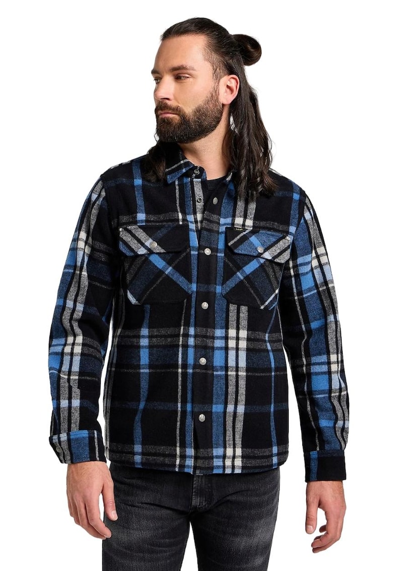 Camasa overshirt barbati lana si bumbac - negru cu carouri - croiala clasica - cu doua buzunare