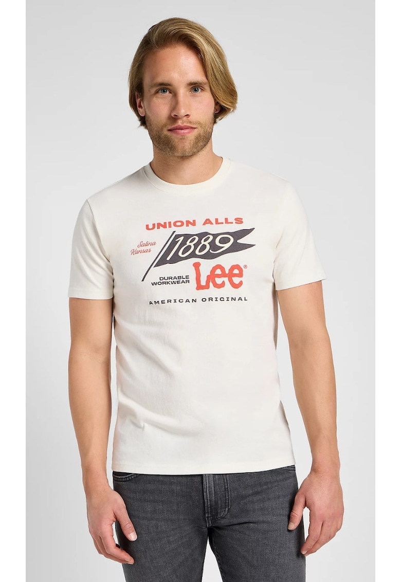 Tricou barbati Frontier - ecru - bumbac - imprimeu negru si rosu