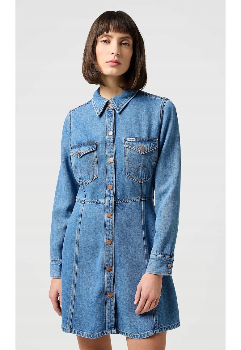 Rochie tip camasa denim/lyocell - croiala mulata-evazata - albastru deschis -