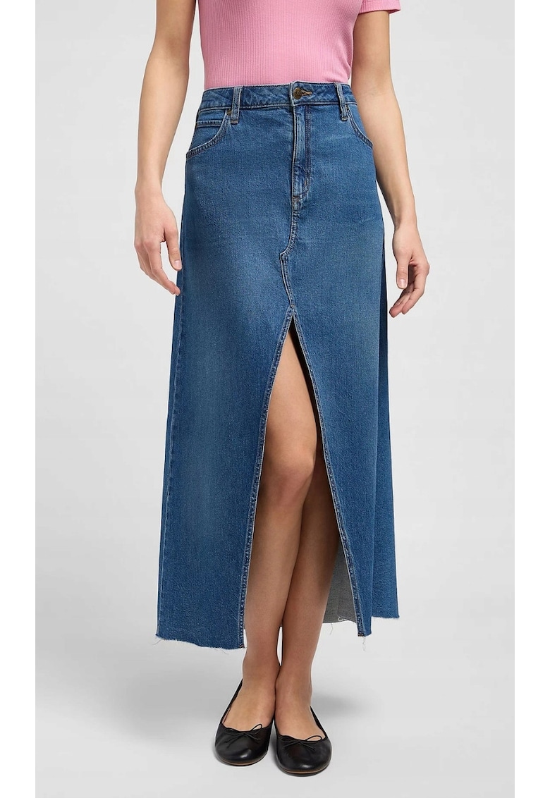 Fusta lunga denim - albastru - fermoar - 98% bumbac - 2% elastan