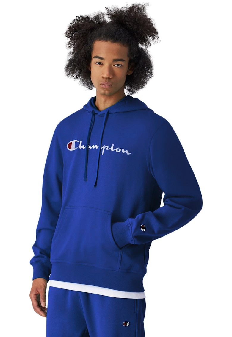 Hanorac cu gluga albastru - croiala slim - buzunar cangur - bumbac