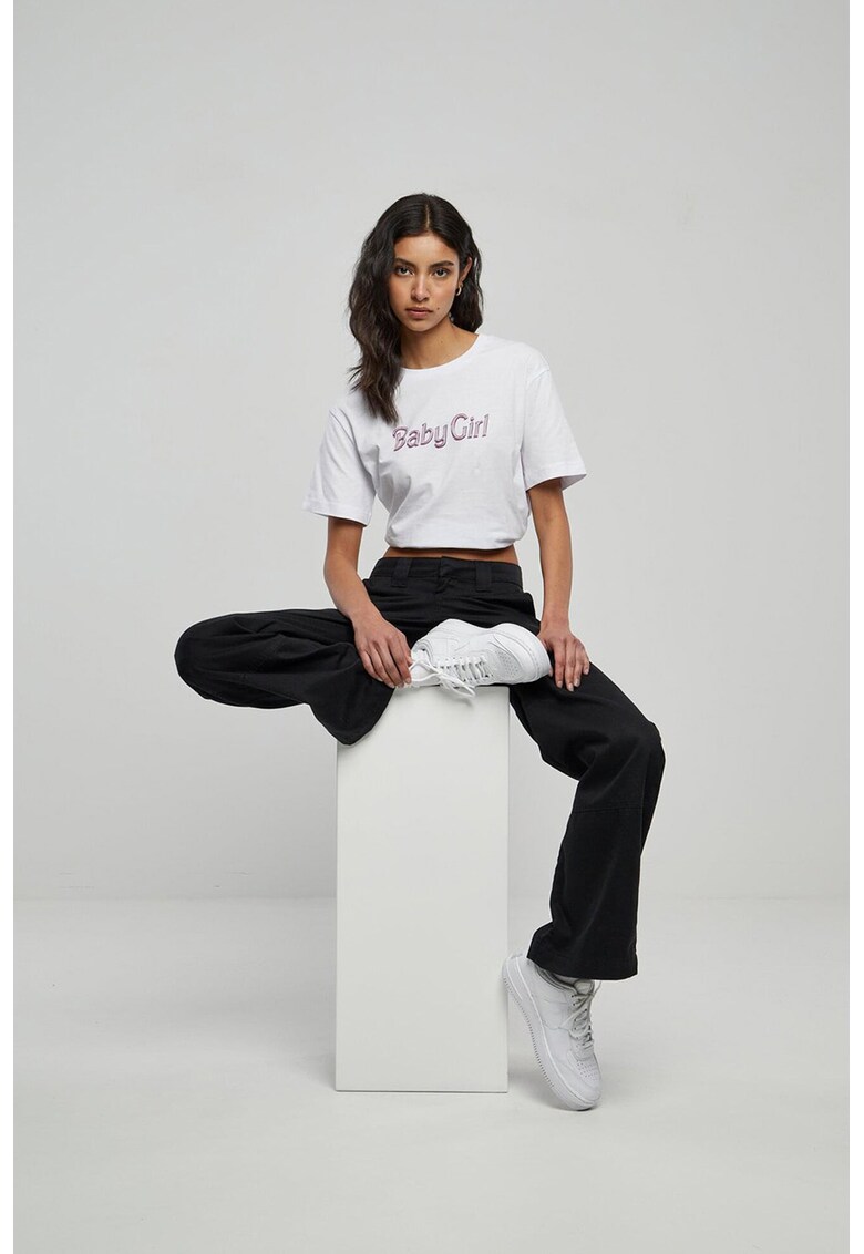 Tricou regular-fit cu decolteu la baza gatului - Alb murdar/Roz