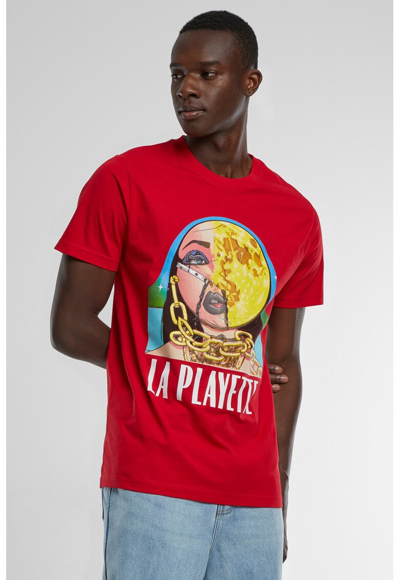 Tricou cu design grafic si decolteu la baza gatului - Galben/Rosu vermillion/Albastru