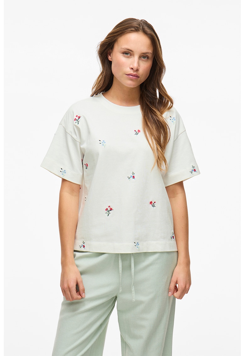 Tricou cu decolteu rotund si flori brodate