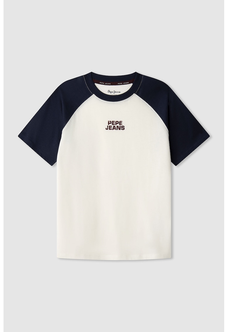 Tricou de bumbac cu decolteu la baza gatului - Alb fildes/Bleumarin