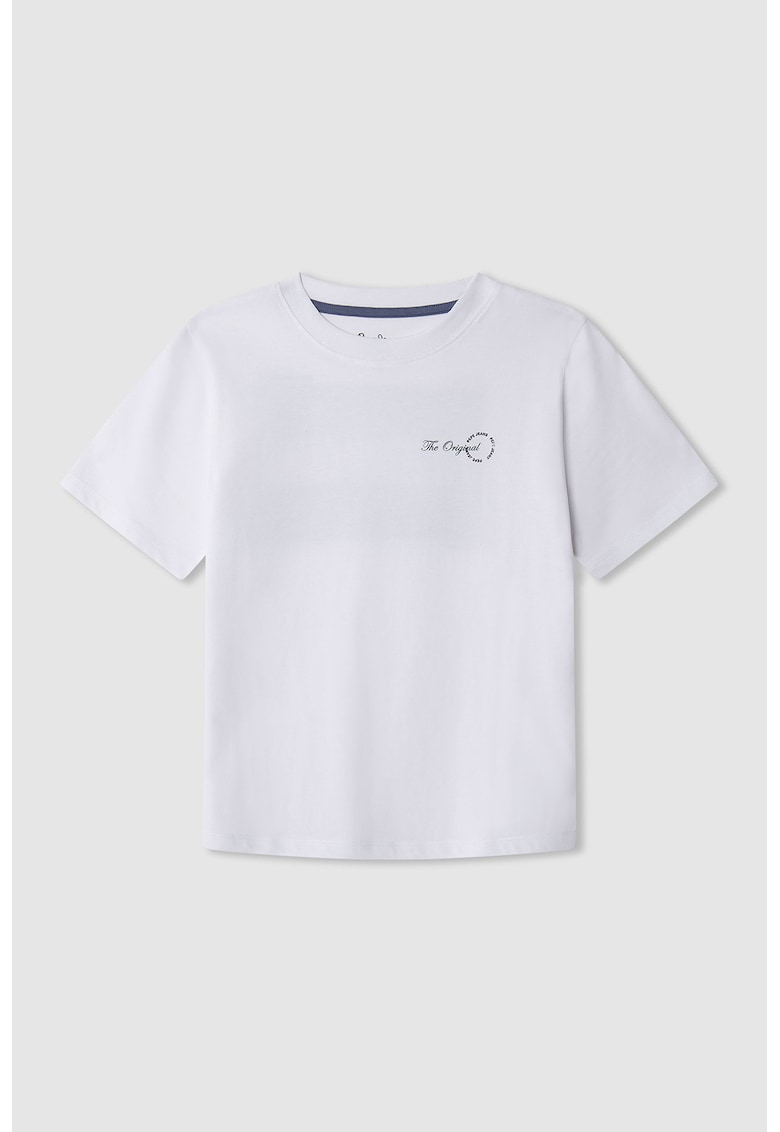 Tricou cu decolteu la baza gatului si imprimeu pe spate - Alb/Negru/Maro taupe