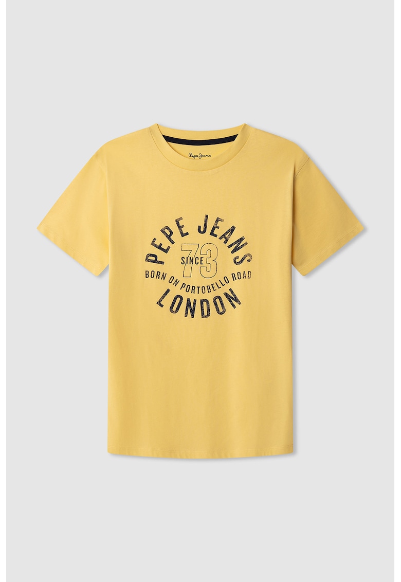 Tricou cu imprimeu logo si decolteu la baza gatului - Galben pai/Bleumarin