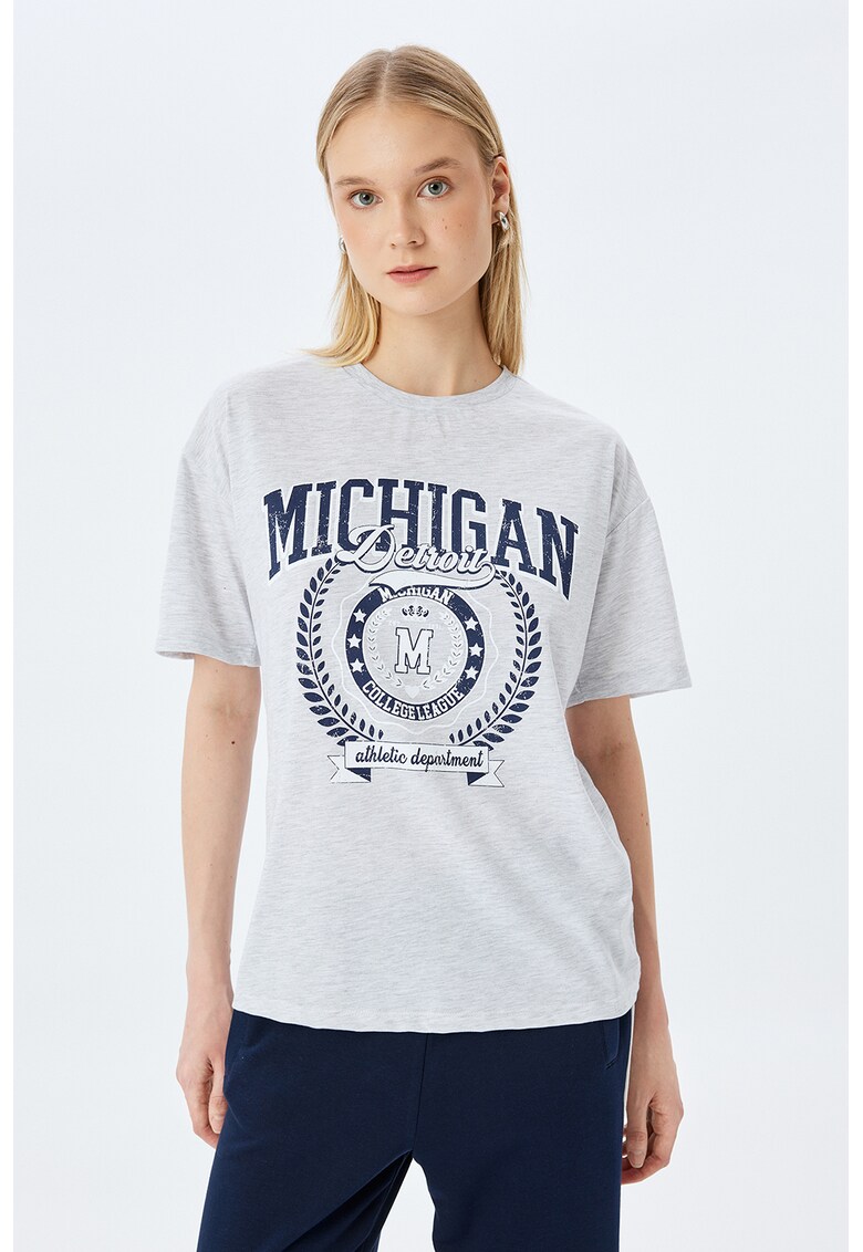 Tricou cu imprimeu text - Gri deschis melange/Bleumarin