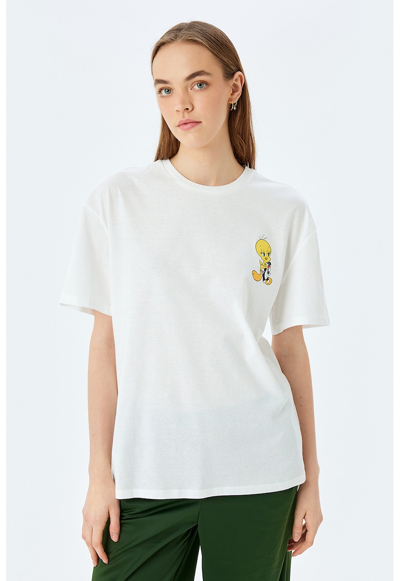 Tricou cu decolteu la baza gatului si imprimeu cu desene animate - Alb/Galben