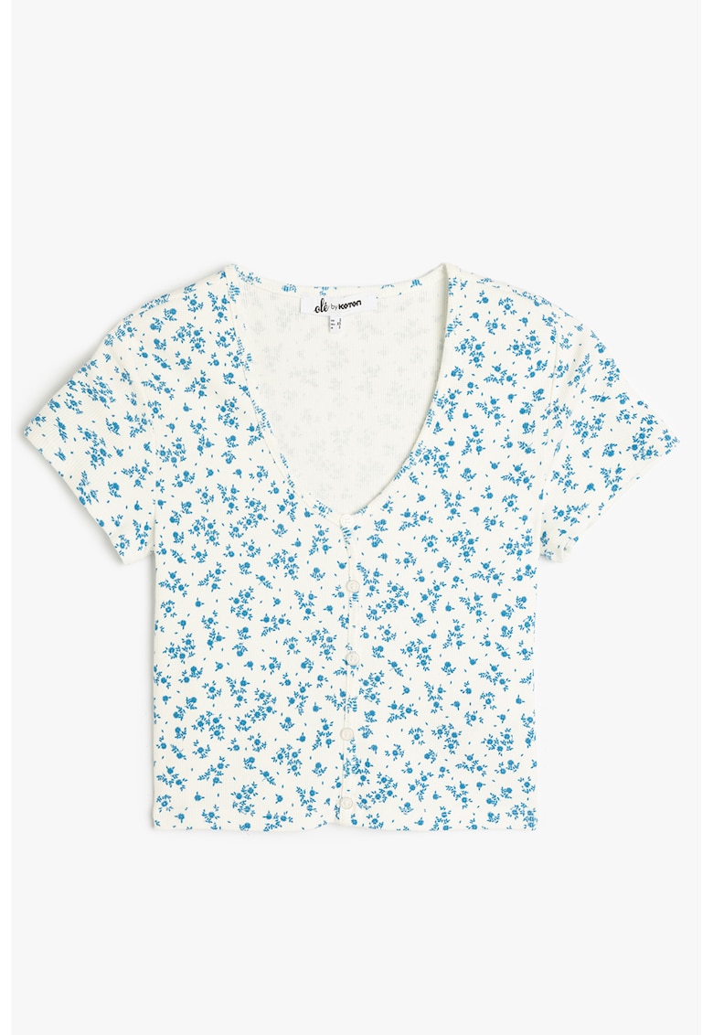 Tricou crop cu decolteu in V si nasturi