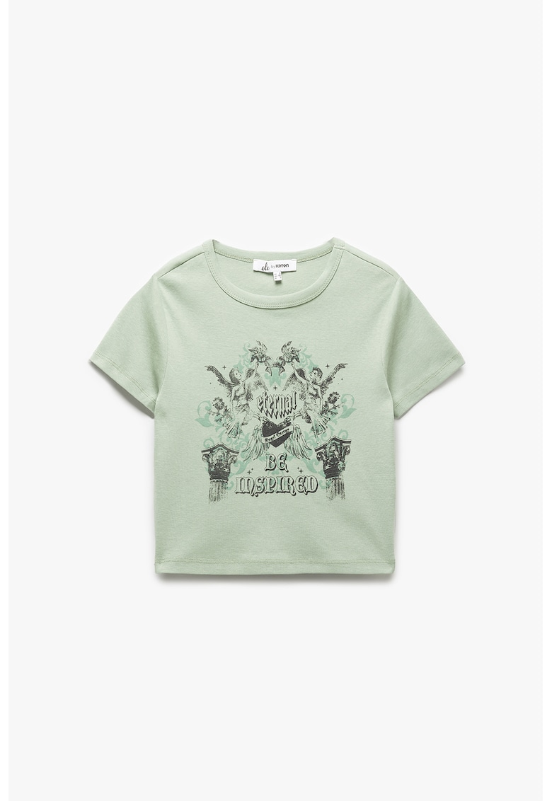 Tricou crop cambrat cu imprimeu grafic Tricou crop cambrat cu imprimeu grafic