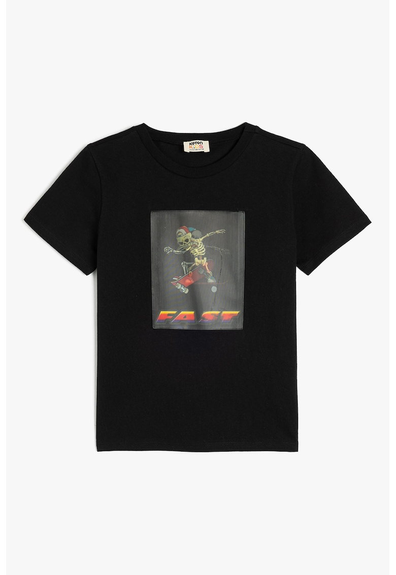 Tricou cu decolteu la baza gatului si imprimeu grafic - Rosu/Negru/Gri antracit