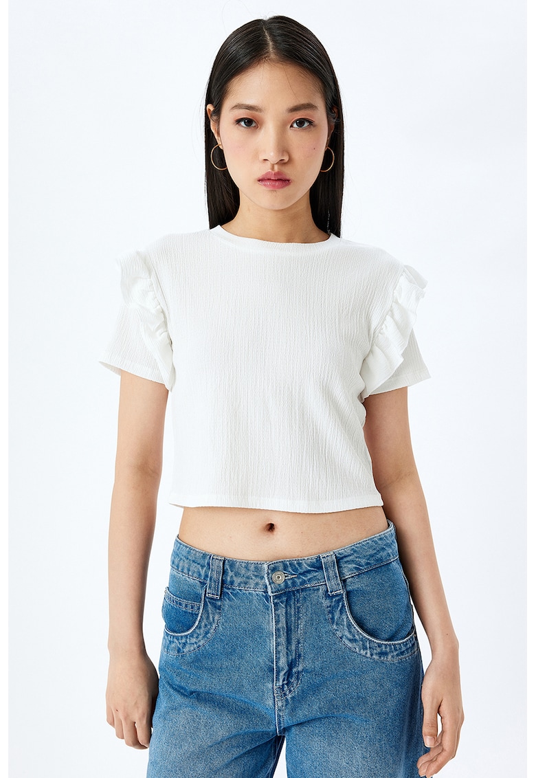 Tricou crop texturat cu volane Tricou crop texturat cu volane