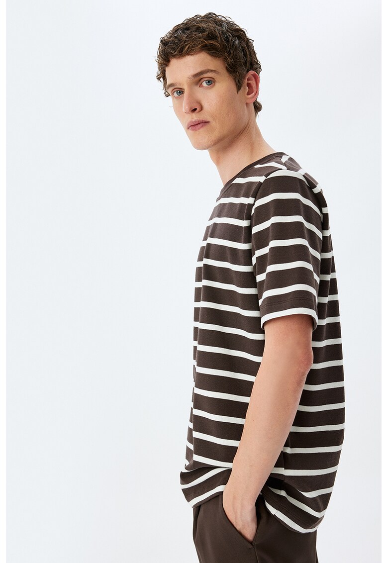 Tricou din bumbac cu model in dungi - Alb/Maro inchis